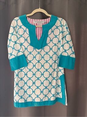 Gretchen Scott Designs Teal and White Circular Print Tunic